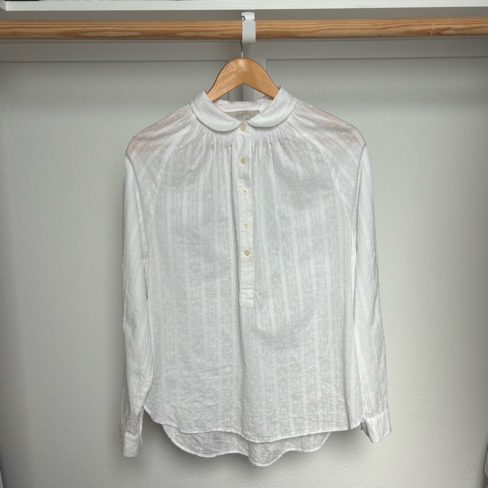 LOFT | Women Casual White Shirt, Half Way Buttons, Stripes Sz M